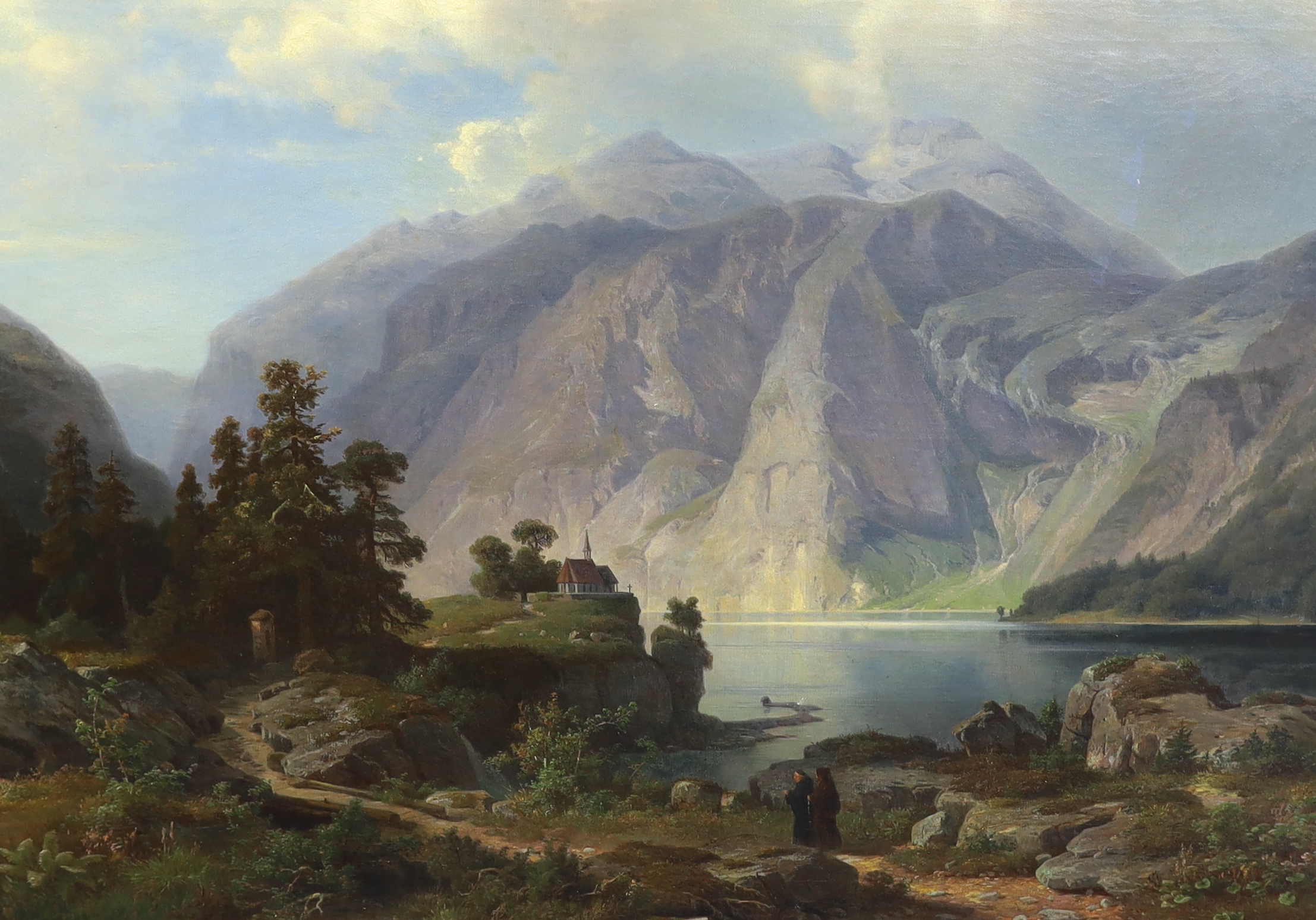 Heinrich Steinike (German, 1825-1909), Extensive mountain lake landscape, oil on canvas, 87 x 124cm